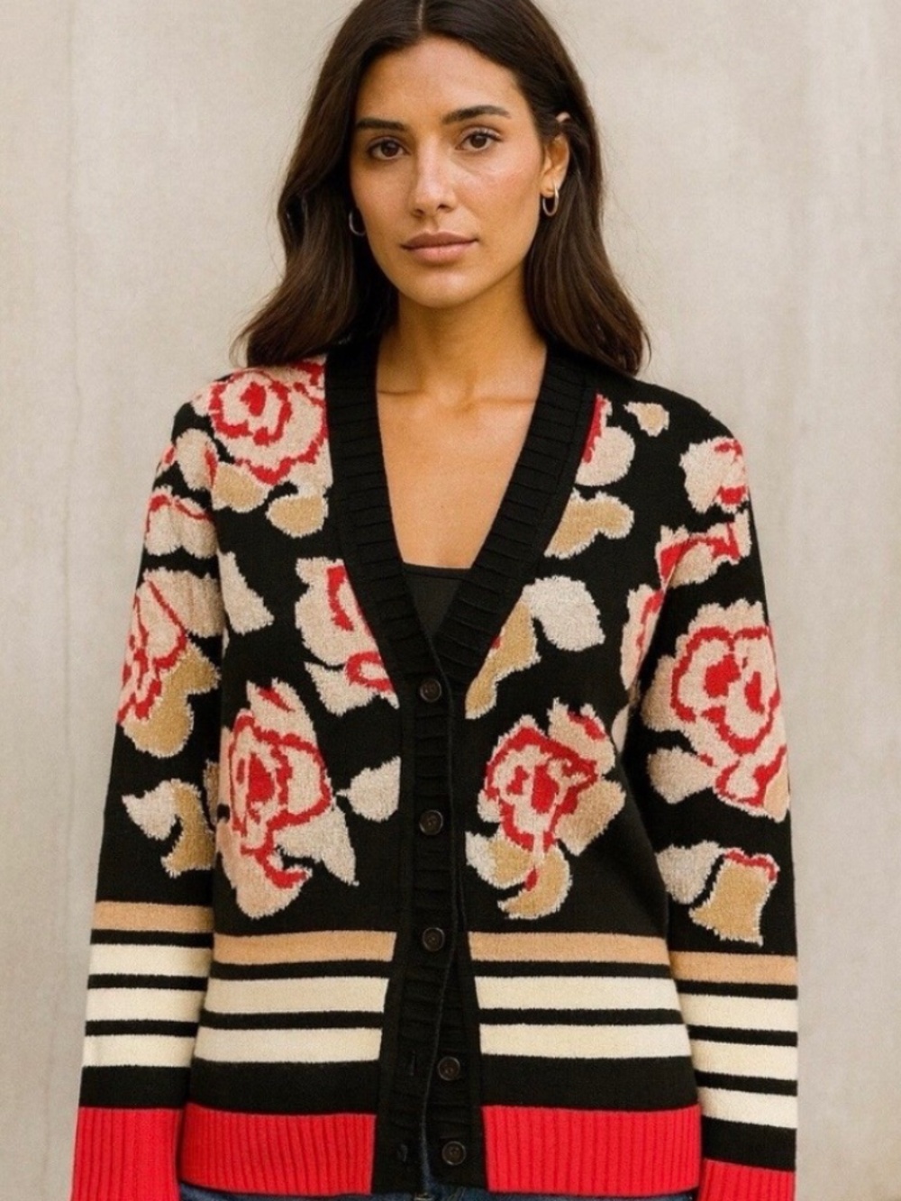 M by Missoni Black Floral Cardigan with Red and Cream Accents